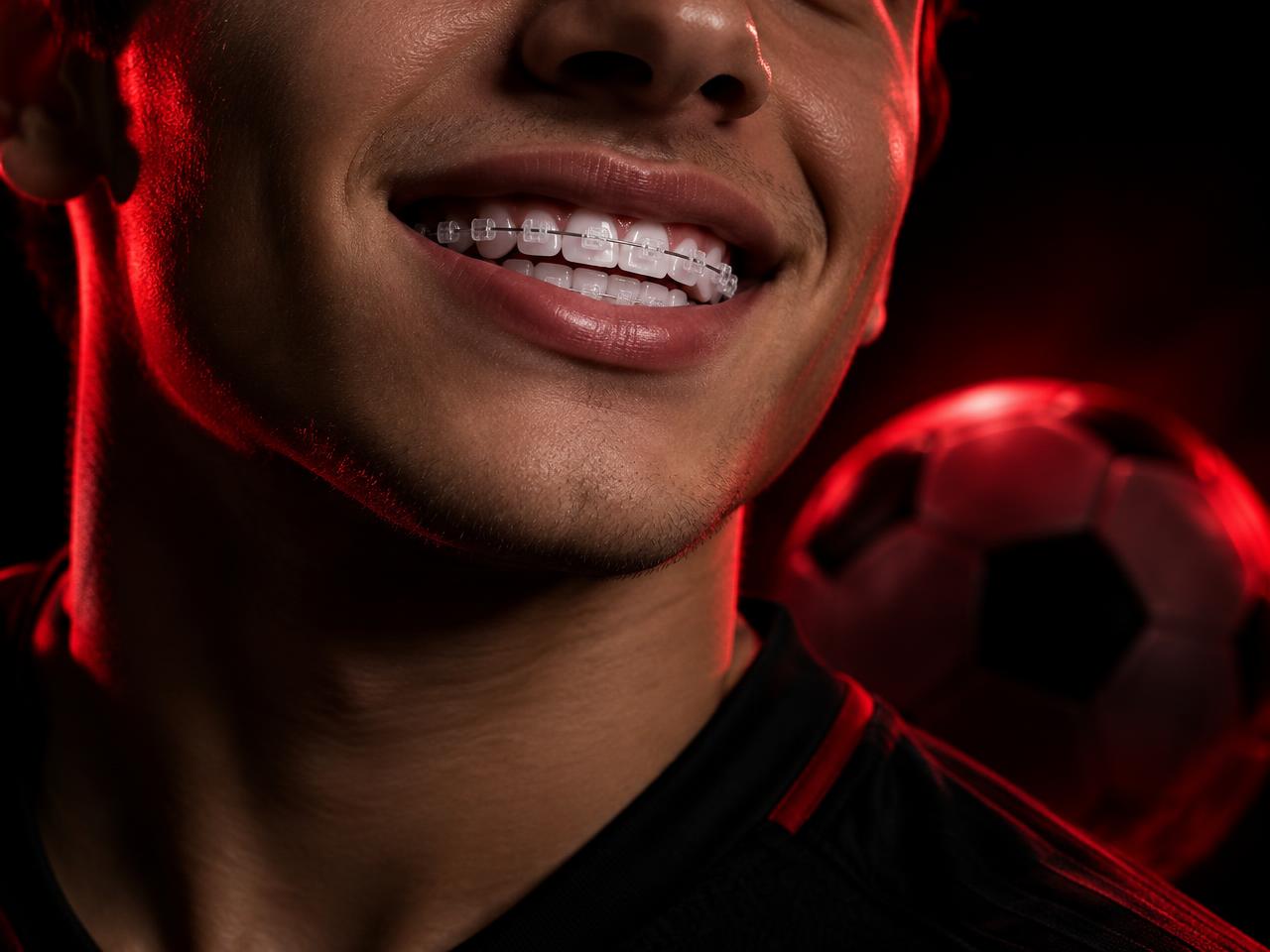 Sonrisa con brackets estéticos y balón de fútbol